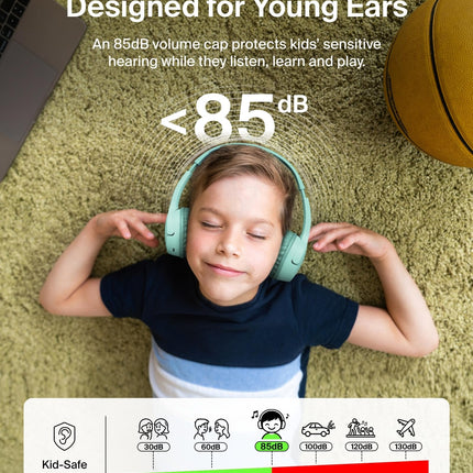 Belkin SoundForm Mini - Wireless Bluetooth Headphones for Kids with 30H Battery Life, 85dB Safe Volume Limit, Built-in Microphone - Kids On-Ear Earphones for iPhone, iPad, & More - Mint w/Case