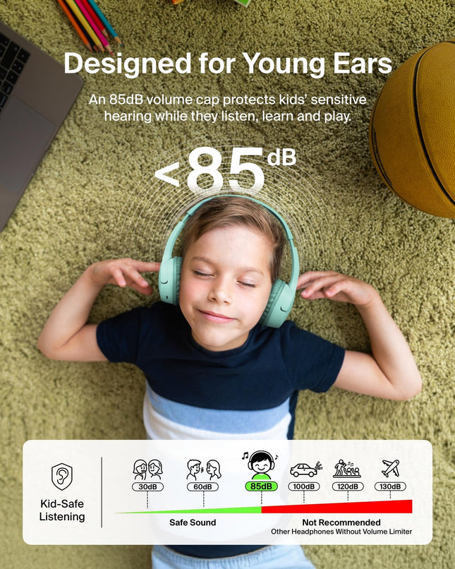Belkin SoundForm Mini - Wireless Bluetooth Headphones for Kids with 30H Battery Life, 85dB Safe Volume Limit, Built-in Microphone - Kids On-Ear Earphones for iPhone, iPad, & More - Mint w/Case