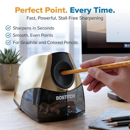 Bostitch Personal Electric Pencil Sharpener, Powerful Stall-Free Motor, High Capacity Shavings Tray, Gold Chrome