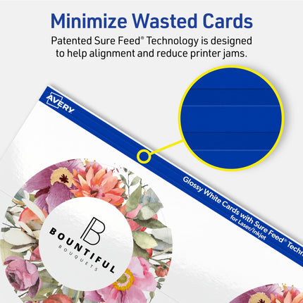Avery Printable Round Cards, Sure Feed Technology, 3" Diameter, Glossy White Cardstock, Print-To-The-Edge, Laser/Inkjet Printable, 300 Total, Great for Business Messaging