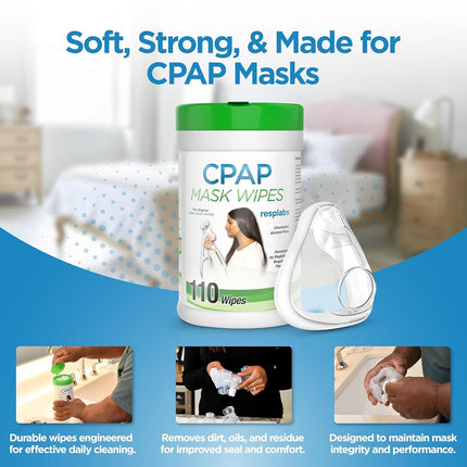 resplabs CPAP Mask Cleaning Wipes - Unscented, Alcohol-free Cleaner for All Masks, Cushions, Supplies - 110 Wipe Pack