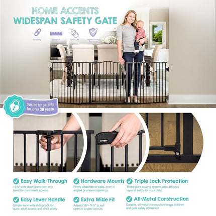 Regalo Deluxe Home Accents Widespan 74.5-Inch-Wide Adjustable Safety Gate, Award Winning Brand, 28-Inches Tall, Includes 4 Wall Mounts, Black