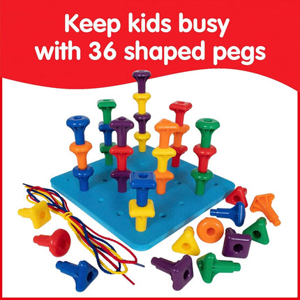 edxeducation Geo Pegs and Peg Board Set | 36 Pegs in 3 Shapes and 6 Colours + 3 Laces | Ages 18m+ | Homeschooling Supplies for Preschool Activities