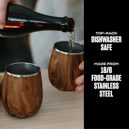 Vaso de vino de acero inoxidable S'well, 266 ml, diseño Teakwood, contenedor con triple aislamiento al vacío que mantiene las bebidas frías por más tiempo, copas sin BPA
