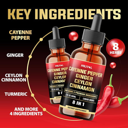 8in1 Cayenne Pepper Liquid Drops with Ginger, Ceylon Cinnamon and 5 More Herbals - Digestion, Circulatory Heath Support - 2 Fl Oz for 2 Months