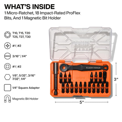 Klein Tools 32787S Proflex Micro Ratchet Impact Driver Bit Set S2 Steel 20 Pack Storage Case Compatible with MODbox Magnetic Bit Holder