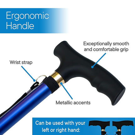 Bastón Plegable RMS - Plegable, Ajustable, Ligero de Aluminio con Mango Desplazado - Bastón Plegable con Mango Ergonómico Derby - Ayuda Ideal para la Vida Diaria para Movilidad Limitada (Azul)