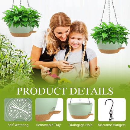 SQKH 12 Inch Hanging Baskets 2 PC with Chains, Self-Watering Hanging Planters for Indoor Outdoor Plants, Plastic Hanging Flower Pots,Green Brown
