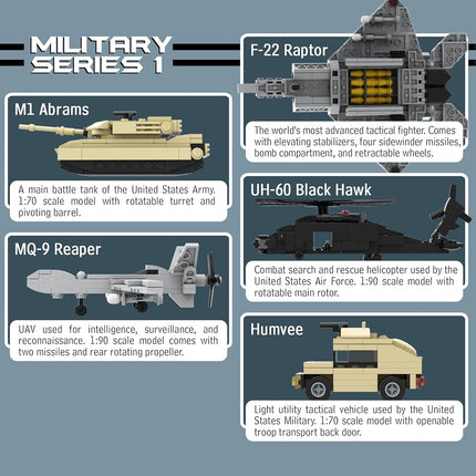 Apostrophe Games 5 Military Building Block Sets (665 Pieces) F-22 Raptor, M1 Abrams Tank, Black Hawk Helicopter, Reaper UAV and Humvee Army Truck Scale Models for Kids and Adults