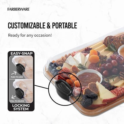 FARBERWARE Build-A-Board Acacia Cutting Board with Clear Locking Lid and White Handles, Perfect for Charcuterie, Snacks, and More - Make it. Take it. Enjoy it, 11x14 Inches, Single Compartment