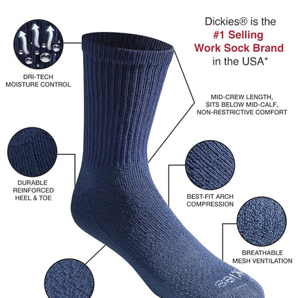 Dickies Men's Dri-tech Moisture Control Mid-Crew Comfort Length Socks, Available in M-XL (6, 12 Pairs), Comfort Length Navy (6 Pairs), Large