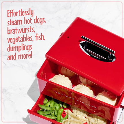Nostalgia Extra Large Diner-Style Steamer 20 Hot Dogs and 6 Bun Capacity, Perfect for Breakfast Sausages, Brats, Vegetables, Fish