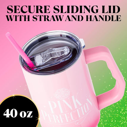 Silver Buffalo Wicked Glinda Pink Perfection Stainless Steel Tumbler with Handle and Straw, Fits in Standard Cup Holder, 40 Ounces