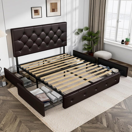 Allewie Upholstered Queen Size Platform Bed Frame with 4 Storage Drawers and Headboard, Diamond Stitched Button Tufted, Mattress Foundation with Wooden Slats Support, No Box Spring Needed, Black Brown