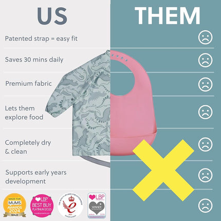 BIBaDO Long Sleeve Waterproof Baby Bib, Dino Roar, 6–36 Months