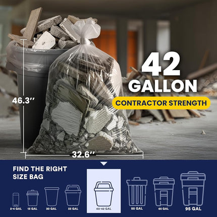 Plasticplace Contractor Trash Bags 42 Gallon │ 3.0 Mil │ Clear Heavy Duty Garbage Bag │ 32.6” x 46.4” (50 Count)