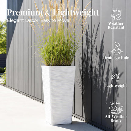 Worth Garden 2-Pack Tall Tapered Planter - Plastic White Square Plant Pots - 55CM Tall Large Tree Planter - Modern Matte Wavy Decorative Flower Pot for Indoor Outdoor Porch Deck