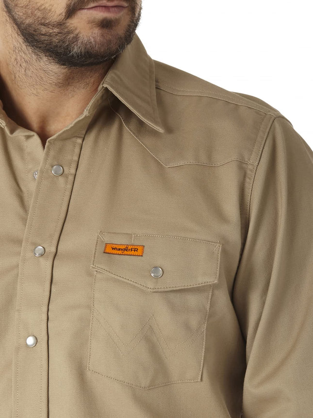Wrangler Men's Big & Tall Flame Resistant Western Two Pocket Snap Shirt, Khaki, 2XT