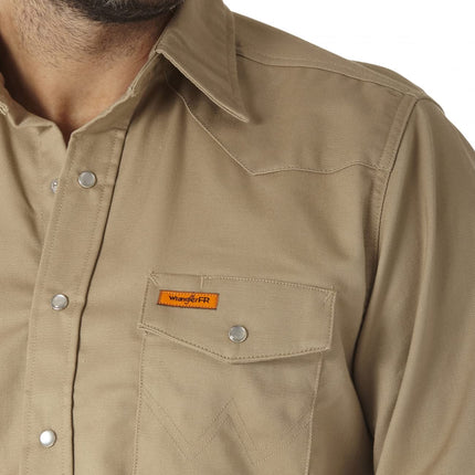 Wrangler Men's Big & Tall Flame Resistant Western Two Pocket Snap Shirt, Khaki, LT