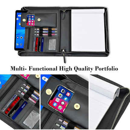 Leather Business Portfolio Padfolio Document Organizer with Writing Pad Resume Professional Interview Zipper Writing Notepad Folder for Men Women (Black)