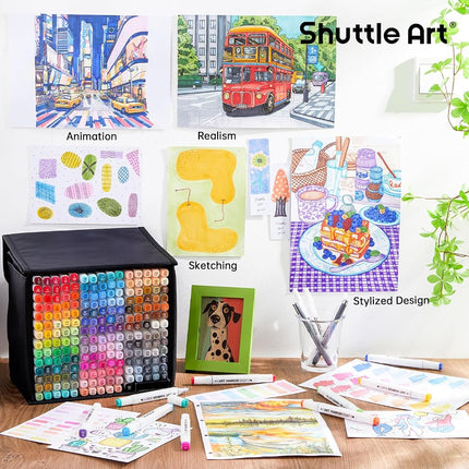 Shuttle Art Alcohol Markers, 204 Colours Dual Tip Art Markers Plus2 Colourless Blender, Felt Tip Colouring Pens with Case for Artist Adult Illustration Colouring Sketching Highlighting and Card Making