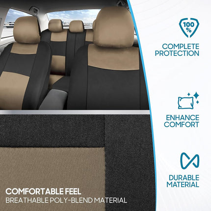 BDK PolyPro Seat Covers Full Set in Beige on Black – Front and Rear Split Bench Seat Covers for Cars, Easy to Install, Car Accessories for Auto Trucks Van SUV