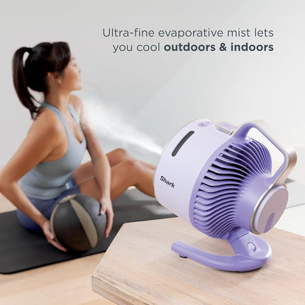 Ventilateur Shark FlexBreeze HydroGo + chargeur de voiture – Ventilateur portable ultra-puissant qui humidifie l'intérieur et l'extérieur, 5 vitesses, 2 modes bonus et vaporisation, Myrtille, FA052QBL