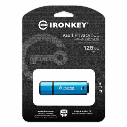 Kingston IronKey Vault Privacy 50 FIPS 197 Certified & XTS-AES 256-bit Encrypted USB TypeC Drive for Data Protection - IKVP50C/128GB