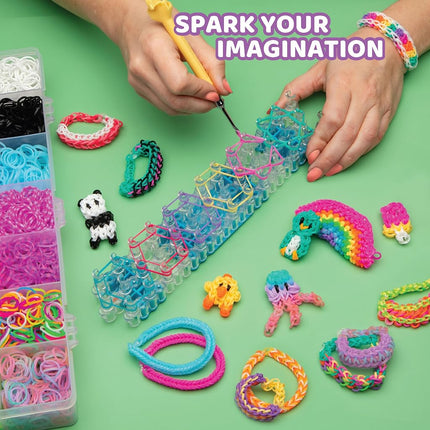 Rainbow Loom Mega Combo Case, 7456 Pieces - Enhances Fine Motor Skills, 7000 Assorted Elastic Bands, Metal Weaving Hook, Organiser Storage Box, Friendship Bracelet Crafting