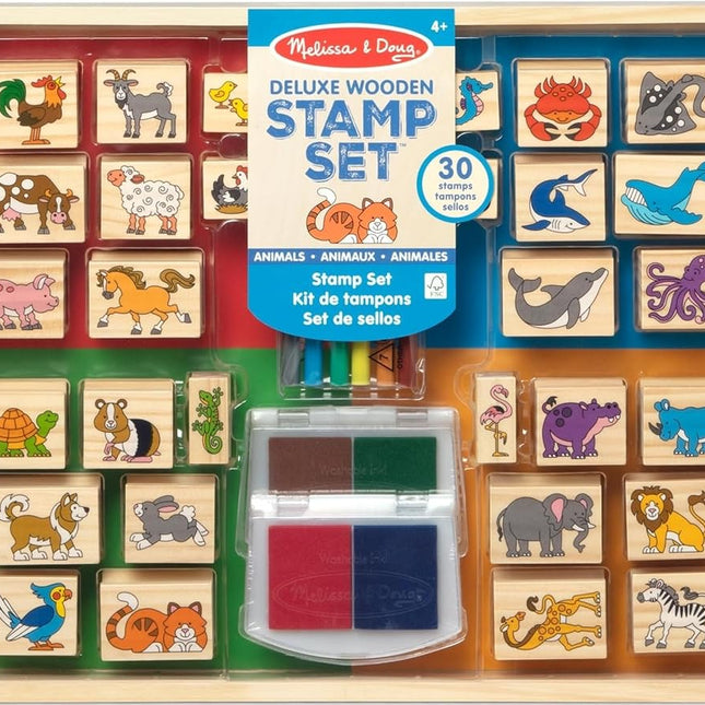 Melissa & Doug Deluxe Wooden Stamp Set: Animals - 30 Stamps, 6 Markers, 2 Stamp Pads