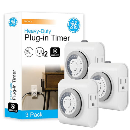 GE 24-Hour Heavy Duty Indoor Plug-in Mechanical, 2 Grounded, 30 Minute Intervals, Daily On/Off Cycle, Outlet Timer, Seasonal, Christmas Tree Lights and Holiday Decorations, 3 Pack-66404, White, 3 Pack