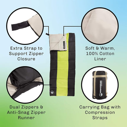 Wakeman Outdoors Kids Sleeping Bag-Lightweight, Carrying Bag with Compression Straps-for Camping, Backpacking, and Sleepovers (Neon Green/Black)