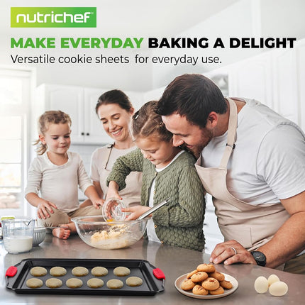 NutriChef Baking Tray Set 3 Piece Non Stick Baking Trays for Oven Carbon Steel Baking Sheets Small Medium Large Oven Trays with Silicone Handles Stackable Bakeware for Cookies Cakes Roasting