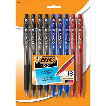 BIC Stylo bille BIC BU3 Grip, Pointe moyenne (1,0 mm), Couleurs assorties, Paquet de 18 par BIC