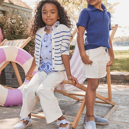 Gymboree Girls' and Toddler Long Sleeve Cardigan Button Up Sweater, White Striped, 5T
