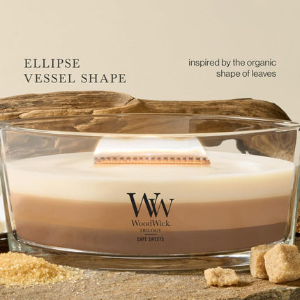 WoodWick Ellipse Scented Trilogy Candle | Café Sweets | with Hearthwick Crackling Flame | Up to 50 Hours Burn Time