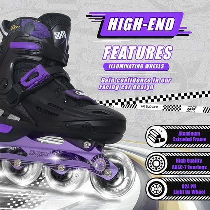 Nattork Kids Inline Skates Adjustable Light up Wheels Blades Roller for Boys Girls- TeenYouth Age 8-12 - Cool Racing Car Decorations Indoor Outdoor Purple