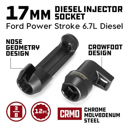 Powerbuilt Diesel Injector Socket Set, Ford Power Stroke 6.7 Diesel Injection, 2 Piece 12 Point 17mm, Crowfoot - 647764