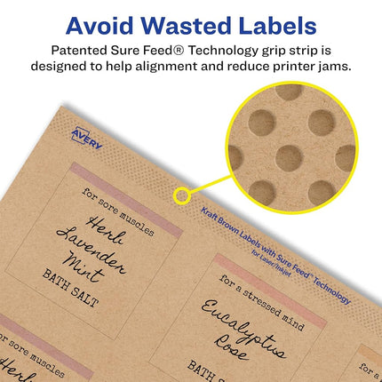 Étiquettes carrées marron kraft Avery avec Sure Feed, 5,4 cm x 5,4 cm, 600 étiquettes marron kraft, impression bord à bord, étiquettes imprimables laser/jet d'encre