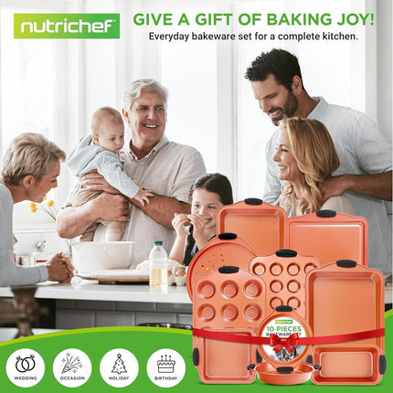 NutriChef 10-Piece Non-Stick Baking Pans Set - Premium Nonstick Carbon Steel Oven Bakeware - Includes Cookie Sheets, Muffin & Cake Pans, Pizza Crisper, Roasting Pans, w/Silicone Handles - Copper