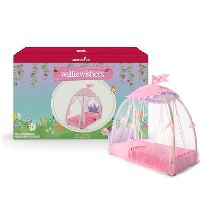 American Girl WellieWishers 14.5-inch Doll Royal Canopy Bed Playset with Mesh Drapes, Flag, and Blanket, For Ages 4+