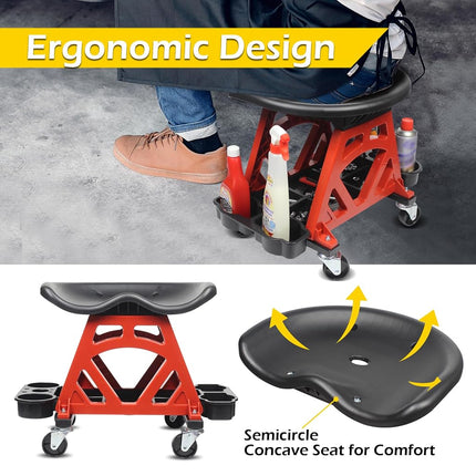 MaxWorks 50957 Ergonomic Seat Mechanic Stool Chair 22.9" L x 13.9" W x 17" H, with 4pcs 2.5" Swivel Casters, with Tool Tray for Workshop, Garage, Auto Repair - 300 Lbs Capacity