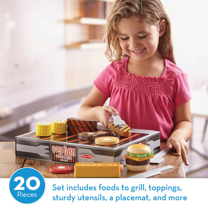 Melissa & Doug 9280 Grill and Serve BBQ Set (20 pcs) -Wooden Play Food and Accessories, Multi-Colored, 1 EA