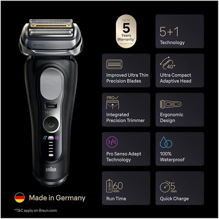 Afeitadora eléctrica Braun Series 9 PRO+ 9577cc para hombre, 5 elementos de afeitado Pro y recortadora de precisión para pelo largo, centro SmartCare 6 en 1, PowerCase para carga móvil, uso en seco y húmedo, 60 min de autonomía de batería