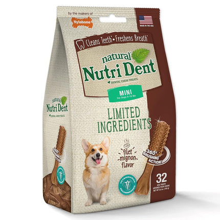 Nylabone Nutri Dent Dog Dental Chews - Natural Dog Teeth Cleaning & Breath Freshener - Dental Treats for Dogs - Filet Mignon Flavor, Mini (32 Count)