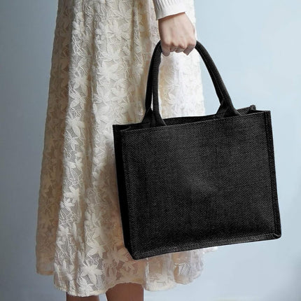 Segarty Tote Bags, 3 Pack Large Black Burlap Jute Reusable Canvas Gift Favors Bag with Handles Blank Tote Bulk for Bridesmaid Wedding, Women Market Grocery Shopping, Bachelorette Party, Beach Trip