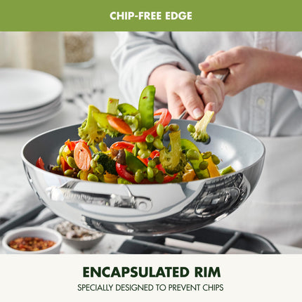 GreenPan Valencia Pro Tri-Ply Stainless Steel 12” Wok with Lid, Ceramic Nonstick PFAS-Free Coating, Multi Clad Cookware, Induction, Dishwasher Safe, Oven and Broiler Safe