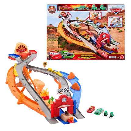 Mattel Disney and Pixar Cars Toy Playset, Lightning McQueen & Chicks Hicks & 2 Pitty Crew Vehicles, 2 Ways to Race, Race & Rescue Rescue Road Raceway, JFL57