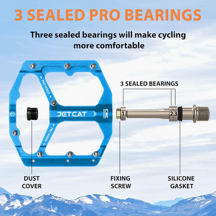 JETCAT Mountain Bike Pedals Flat - MTB Pedals Flat, Bicycle Pedals, Road Bike Pedals, BMX Pedals, for BMX MTN Road Gravel EBike, Specialized, Adults, Aluminum Metal Stamp 9/16" Light Blue