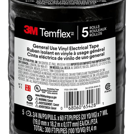 3M Temflex General-Purpose Vinyl Electrical Tape (1700 / 1700C): 3/4 in. x 60 ft. (Black) / 5-Pack